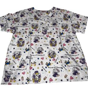 Fashion Scrubs Womens 2XL V-Neck Scrub Top Bunny Cow Print White T-12PR 2XL